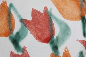 rot und orange Tulpen auf weißem Grund